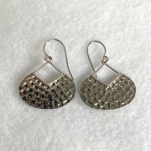 Sterling Silver 925 Teardrop Disc Hammered Dangle Drop Earrings - Picture 5 of 16